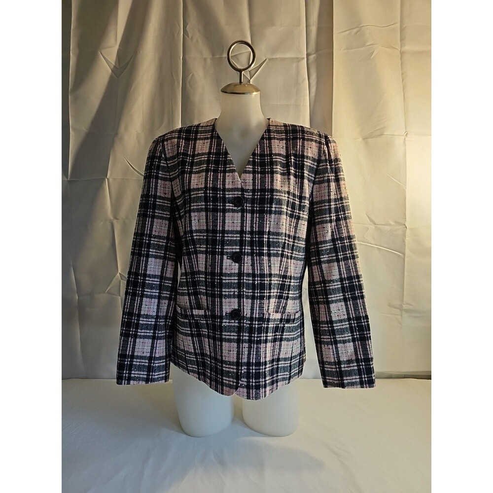Vintage Pendleton Wool Blazer Women 8 Shoulder Pads Lined Pink Blue Plaid Jacket